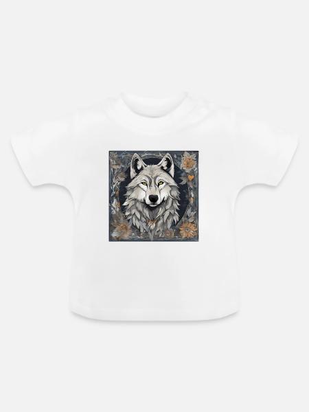Kunstvolles herbstliches Wolfsmotiv - Baby Bio-T-Shirt mit Rundhals - Weiß