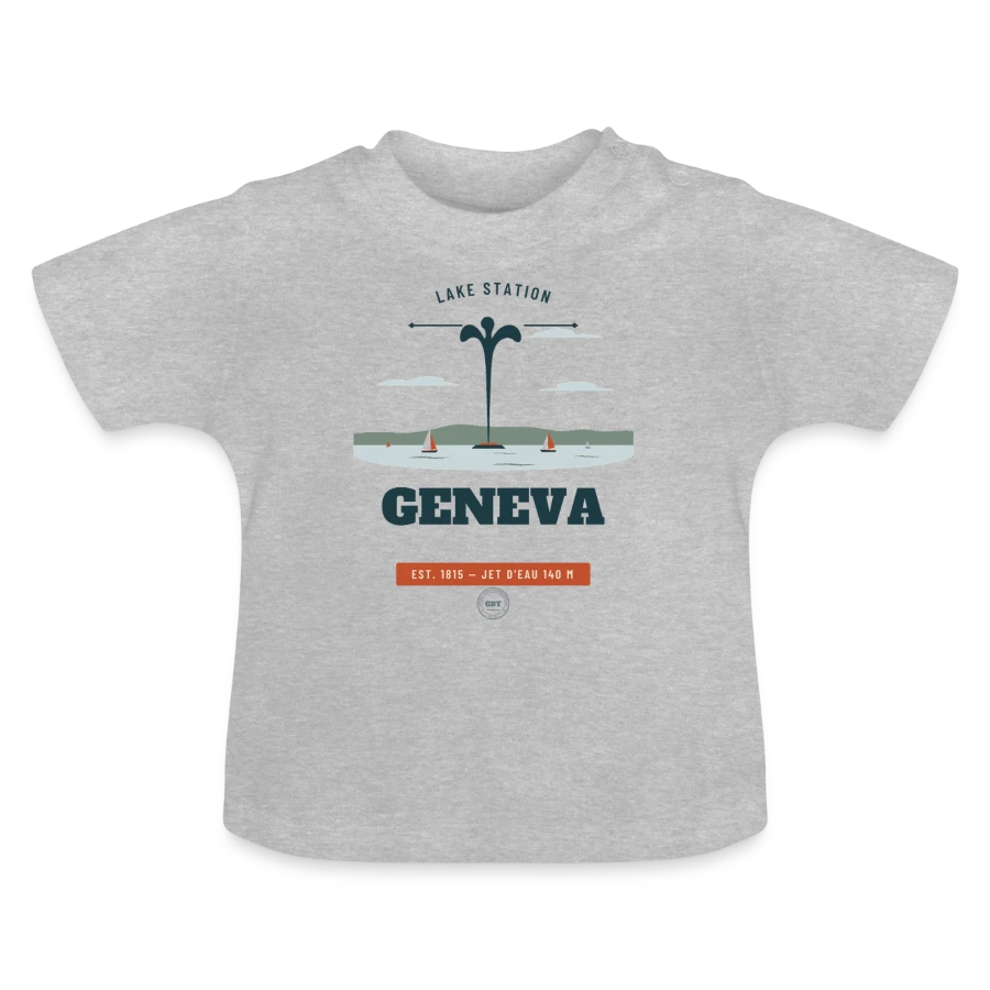 Geneva badge on a baby organic t-shirt with round neck, heather grey