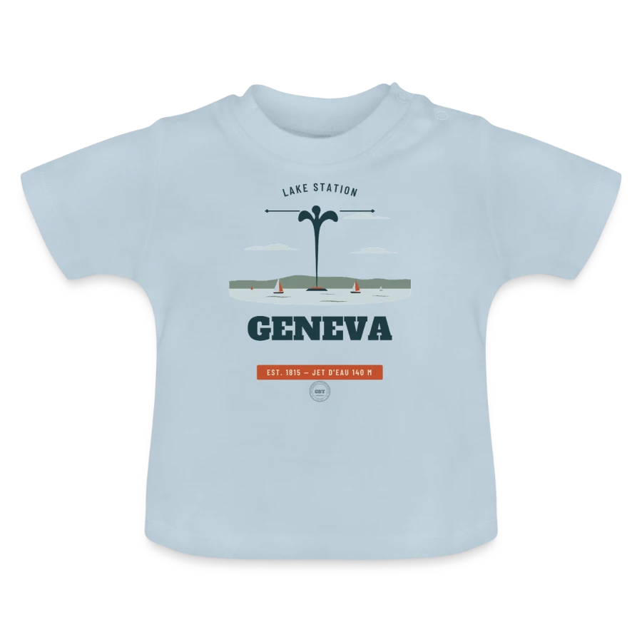 Geneva badge on a baby organic t-shirt with round neck, light blue