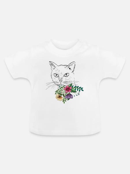 Katze mit Blumenstrauß - Baby Bio-T-Shirt mit Rundhals - Weiß