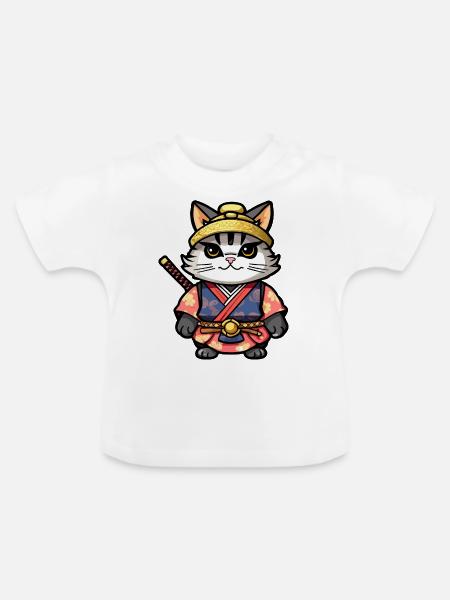 Samurai-Katze #13 - Baby Bio-T-Shirt mit Rundhals - Weiß