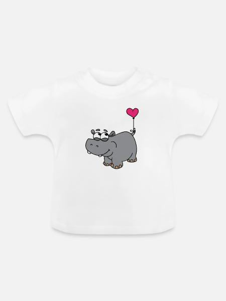 Nilpferd mit Herzballon - Baby Bio-T-Shirt mit Rundhals - Weiß