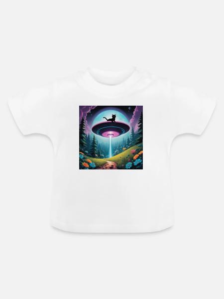 Ufo mit Kätzchen - Baby Bio-T-Shirt mit Rundhals - Weiß