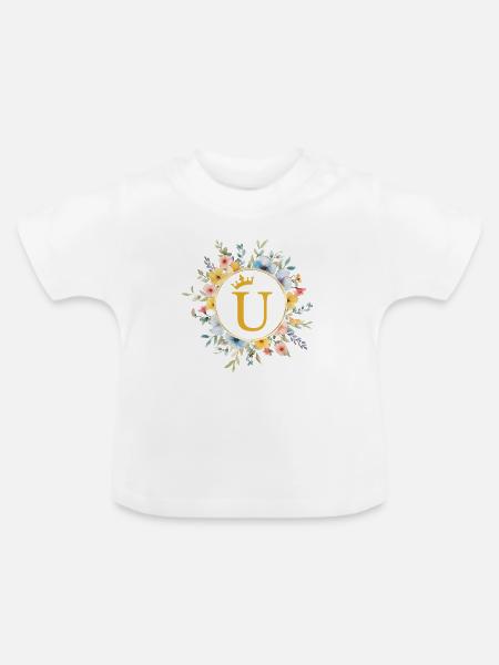 U Monogramm, Blumen-Kreis, personalisierbar - Baby Bio-T-Shirt mit Rundhals - Weiß