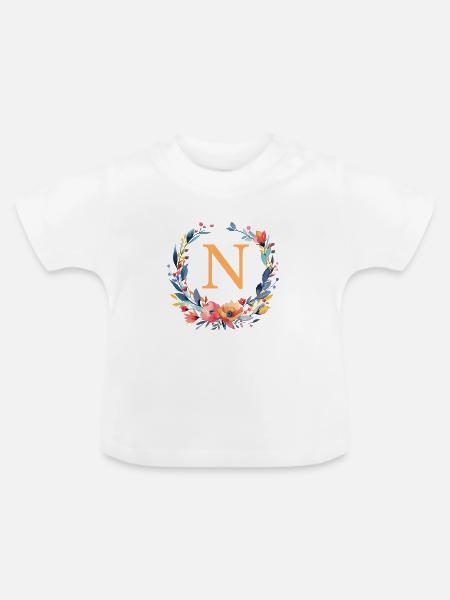 N Monogramm, Blumen-Kranz, personalisierbar - Baby Bio-T-Shirt mit Rundhals - Weiß