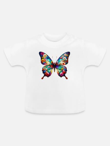Schmetterling mit Blumen verziert - Baby Bio-T-Shirt mit Rundhals - Weiß