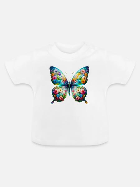 Schmetterling mit Blumen verziert - Baby Bio-T-Shirt mit Rundhals - Weiß