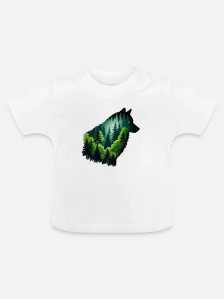 Silhouette Wolf mit grünem Wald - Baby Bio-T-Shirt mit Rundhals - Weiß