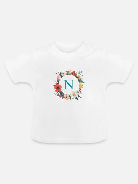 N Monogramm, Blumen-Kranz, personalisierbar - Baby Bio-T-Shirt mit Rundhals - Weiß