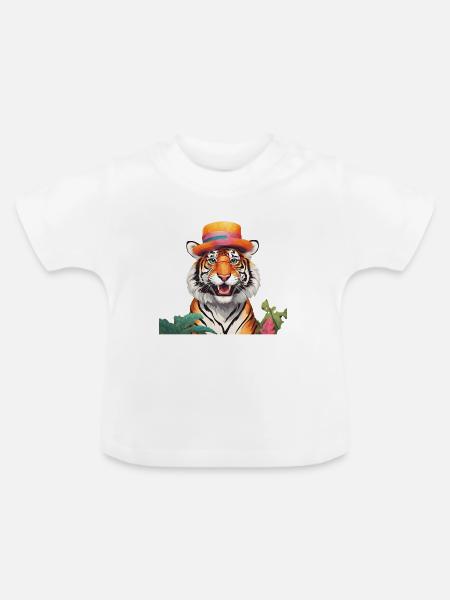 Skurriler Tiger mit Sonnenhut - Baby Bio-T-Shirt mit Rundhals - Weiß