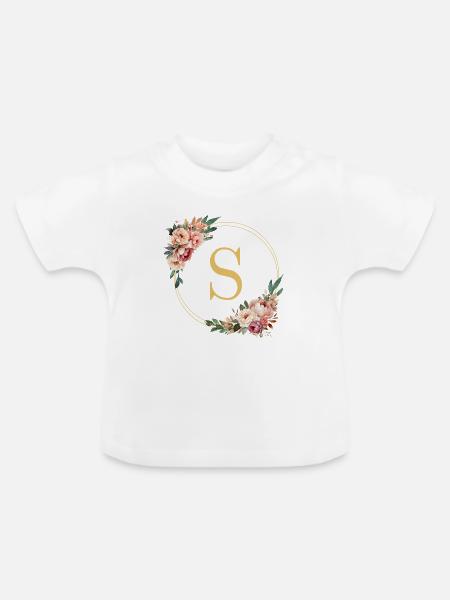 S Monogramm, Blumen-Kranz, personalisierbar - Baby Bio-T-Shirt mit Rundhals - Weiß