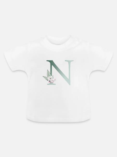 N Monogramm, Floral, personalisierbar - Baby Bio-T-Shirt mit Rundhals - Weiß