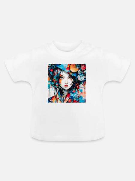 Buntes digitales abstraktes Mädchenporträt - Baby Bio-T-Shirt mit Rundhals - Weiß