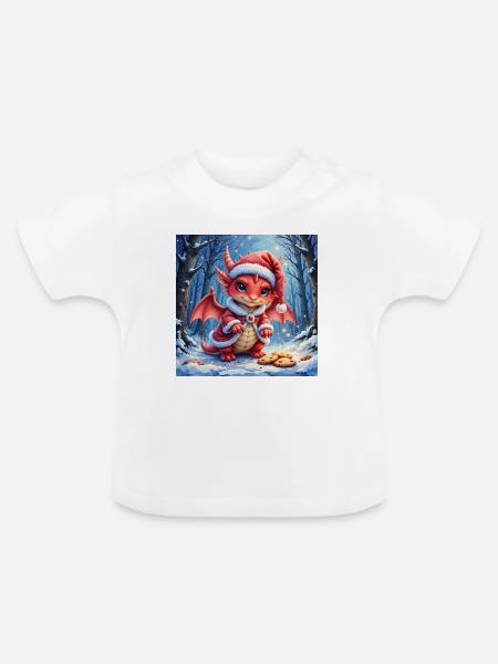 Bezaubernder Weihnachtsdrache im verschneiten Wald - Baby Bio-T-Shirt mit Rundhals - Weiß