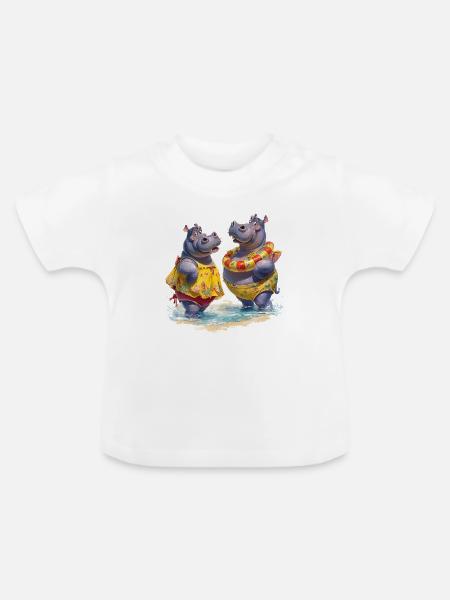 Zwei Hippos im Badedress - Baby Bio-T-Shirt mit Rundhals - Weiß