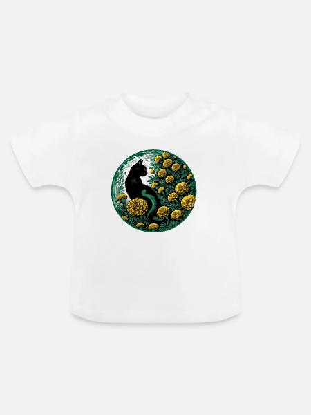Mitternachtskatze zwischen goldenen Ringelblumen - Baby Bio-T-Shirt mit Rundhals - Weiß