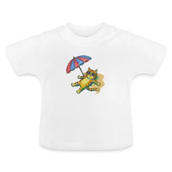 Colorful beach cat with parasol - Baby Organic T-Shirt with Round Neck - white - Front