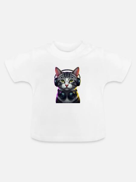 KatzenDJ Neon Kopfhörer Music lover cat - Baby Bio-T-Shirt mit Rundhals - Weiß