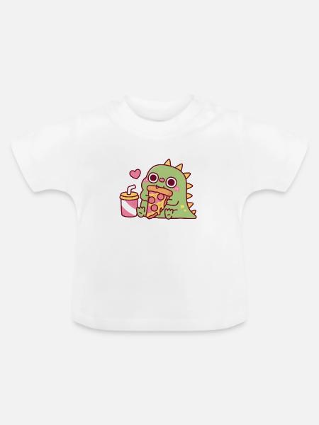 Süßer Dinosaurier liebt Peperoni-Pizza-Stück - Baby Bio-T-Shirt mit Rundhals - Weiß