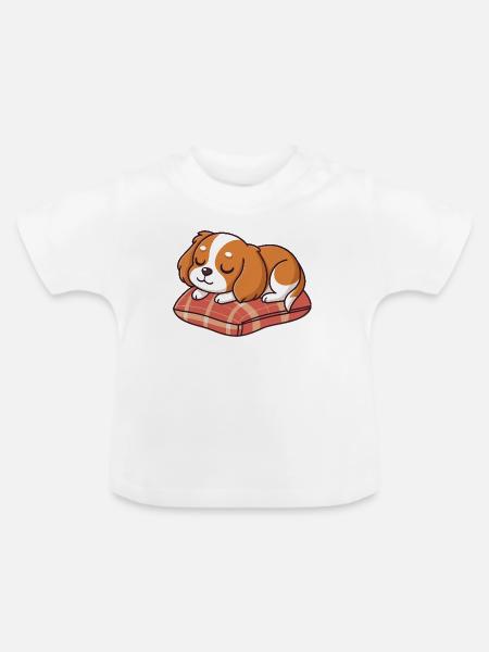 Schlafwelpe auf kariertem Polster - Baby Bio-T-Shirt mit Rundhals - Weiß