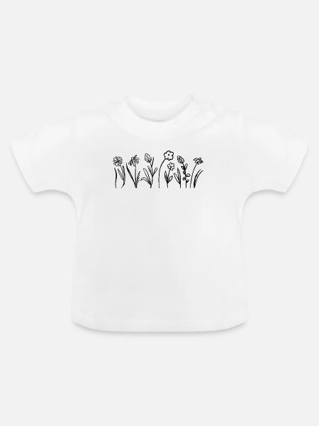 Handgezeichnete Blumen mit Blättern - Baby Bio-T-Shirt mit Rundhals - Weiß