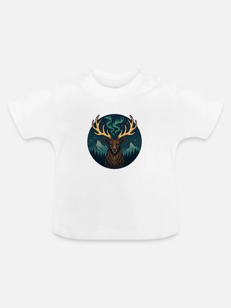 Nordlicht-Elch in Berglandschaft - Baby Bio-T-Shirt mit Rundhals - Weiß