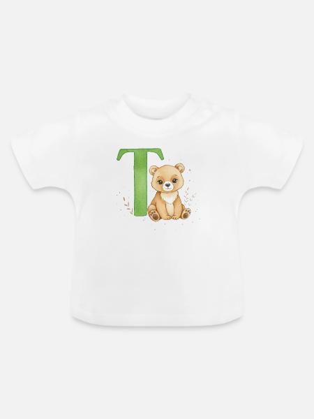 Teddy mit grünem Buchstaben T - Baby Bio-T-Shirt mit Rundhals - Weiß