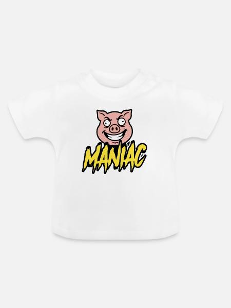 Maniac Crazy Pig Lustiges Maskottchen-Design - Baby Bio-T-Shirt mit Rundhals - Weiß