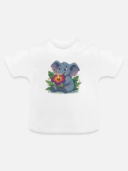 Elefant mit Hibiskusblüte - Baby Bio-T-Shirt mit Rundhals - Weiß