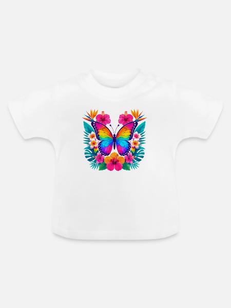 Bunter Tropen-Schmetterling - Baby Bio-T-Shirt mit Rundhals - Weiß