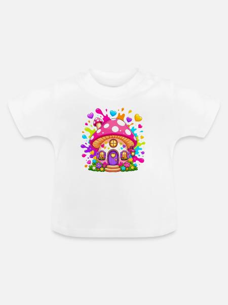 Märchenpilzhaus mit Herzfenstern - Baby Bio-T-Shirt mit Rundhals - Weiß