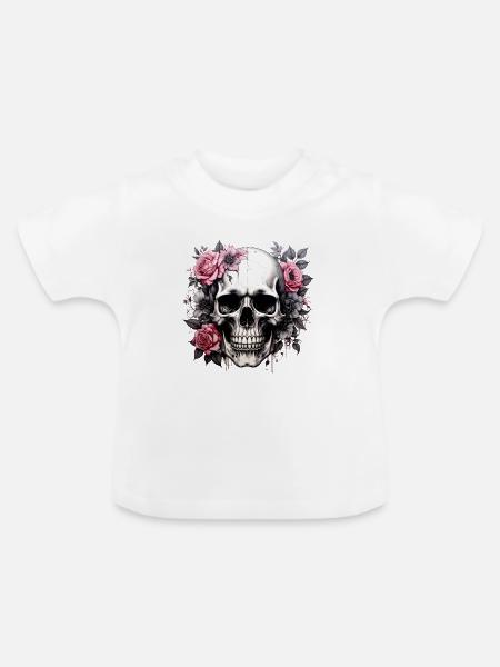 Totenkopf mit Blütenkrone - Baby Bio-T-Shirt mit Rundhals - Weiß