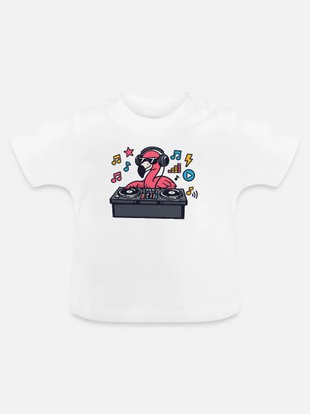 Flamingo DJ im Plattenteller-Style - Baby Bio-T-Shirt mit Rundhals - Weiß