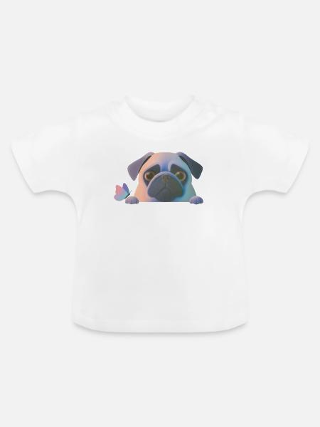 Mops mit Schmetterling - Baby Bio-T-Shirt mit Rundhals - Weiß