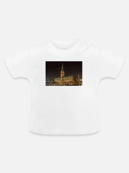 Hamburger Rathaus bei Nacht beleuchtet - Baby Bio-T-Shirt mit Rundhals - Weiß