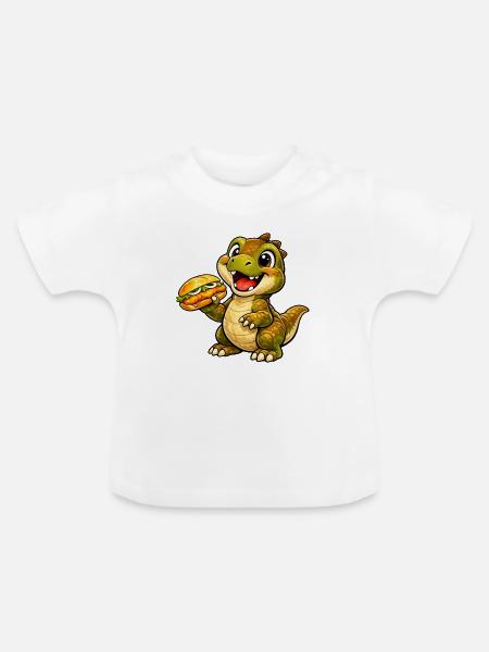 Dino mit Fischbrötchen - Baby Bio-T-Shirt mit Rundhals - Weiß