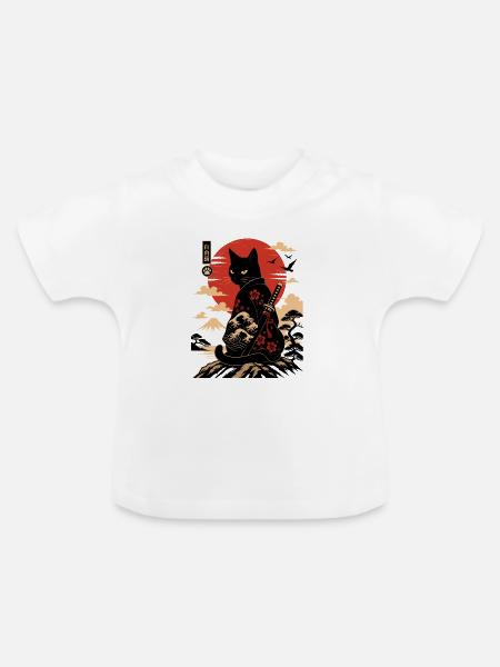 Katzen-Samurai am Sonnenuntergang - Baby Bio-T-Shirt mit Rundhals - Weiß