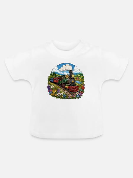 Dampflok im bunten Blumenmeer - Baby Bio-T-Shirt mit Rundhals - Weiß