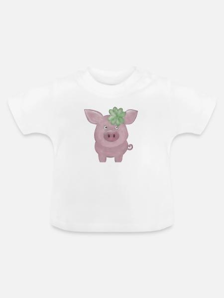 Glücksschwein mit Kleeblatt – süßes Glück - Baby Bio-T-Shirt mit Rundhals - Weiß