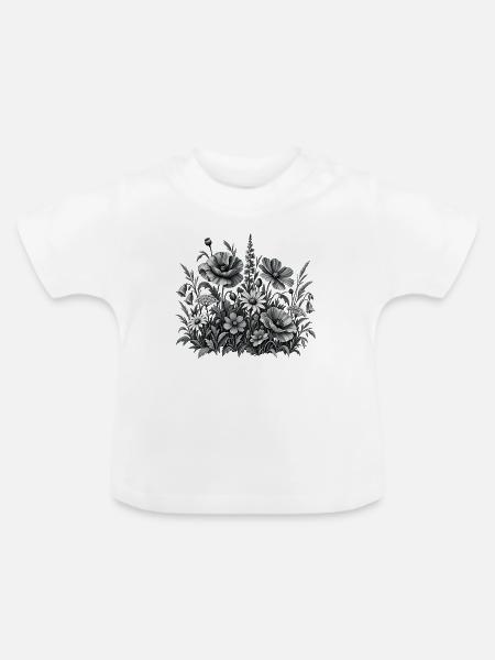 Wildblumen Blumenwiese in Schwarz Weiß - Baby Bio-T-Shirt mit Rundhals - Weiß