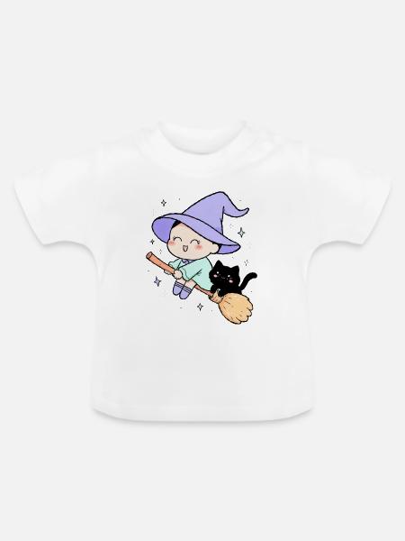 Kleine Hexe mit Katze - Baby Bio-T-Shirt mit Rundhals - Weiß