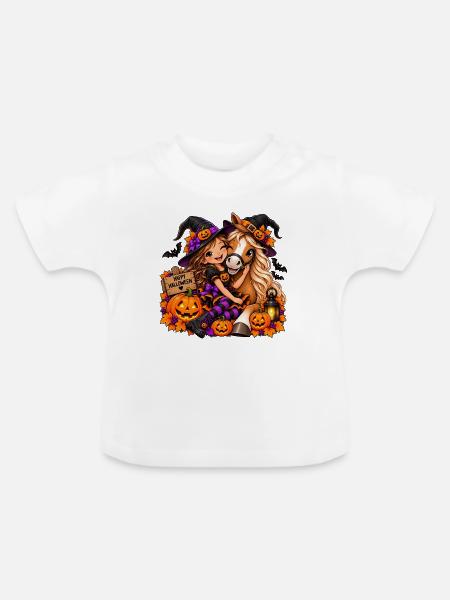 Kuschelige Halloween-Hexe & Pony - Baby Bio-T-Shirt mit Rundhals - Weiß