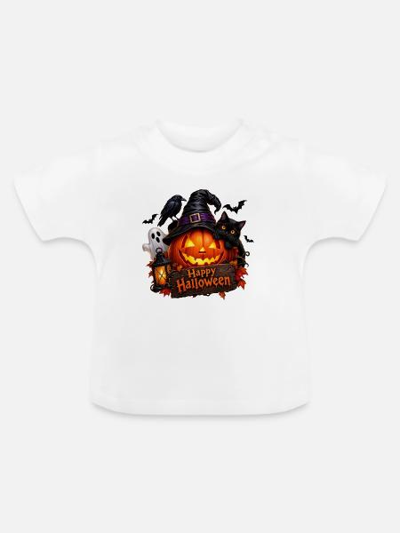 Halloween Kürbis mit Katze - Baby Bio-T-Shirt mit Rundhals - Weiß