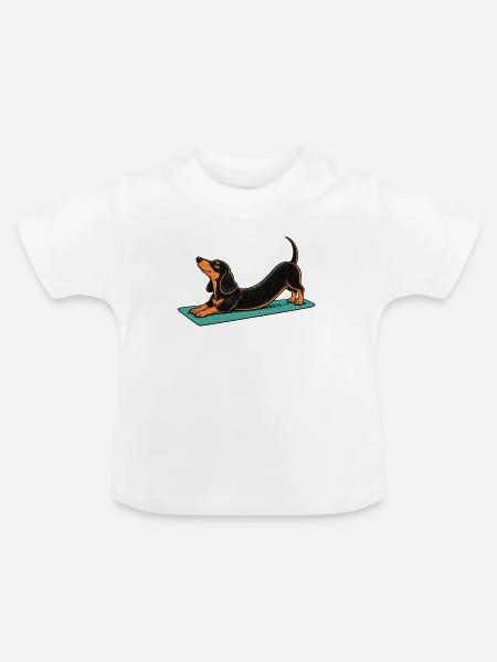 Dackel-Yoga auf Matte - Baby Bio-T-Shirt mit Rundhals - Weiß