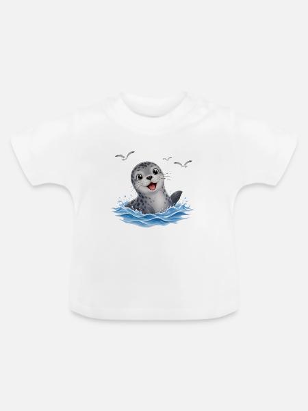 Fröhliche Robbe im Spritzwasser - Baby Bio-T-Shirt mit Rundhals - Weiß