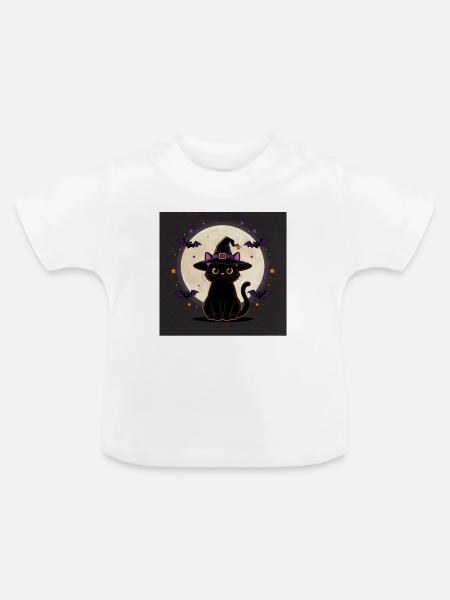 Halloween Hexenkatze – Witchy Cat & Vollmond - Baby Bio-T-Shirt mit Rundhals - Weiß