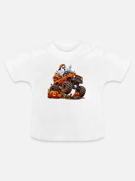 Halloween Monstertruck mit Geist - Baby Bio-T-Shirt mit Rundhals - Weiß