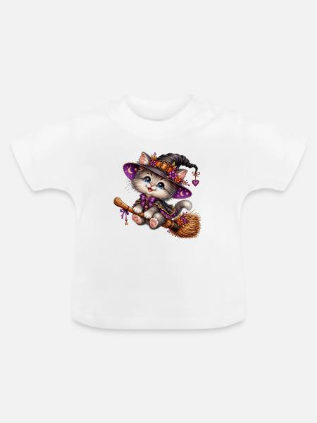 Katzenzauberer auf dem Besen - Baby Bio-T-Shirt mit Rundhals - Weiß