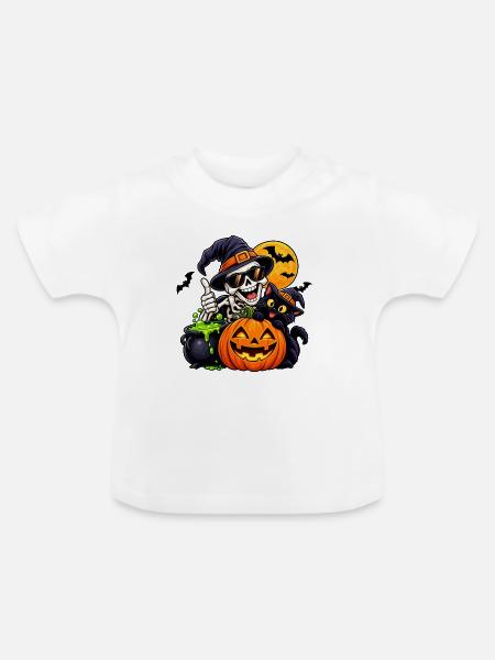 Halloween Skelett Hexenkatze Kürbis - Baby Bio-T-Shirt mit Rundhals - Weiß