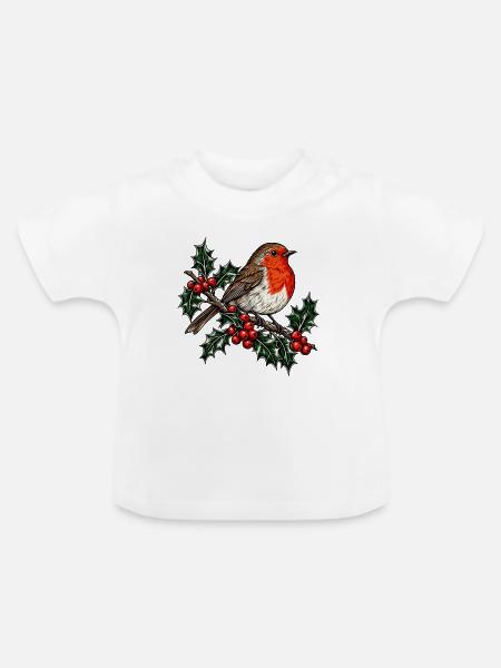 Rotkehlchen auf Stechpalmenzweig - Baby Bio-T-Shirt mit Rundhals - Weiß